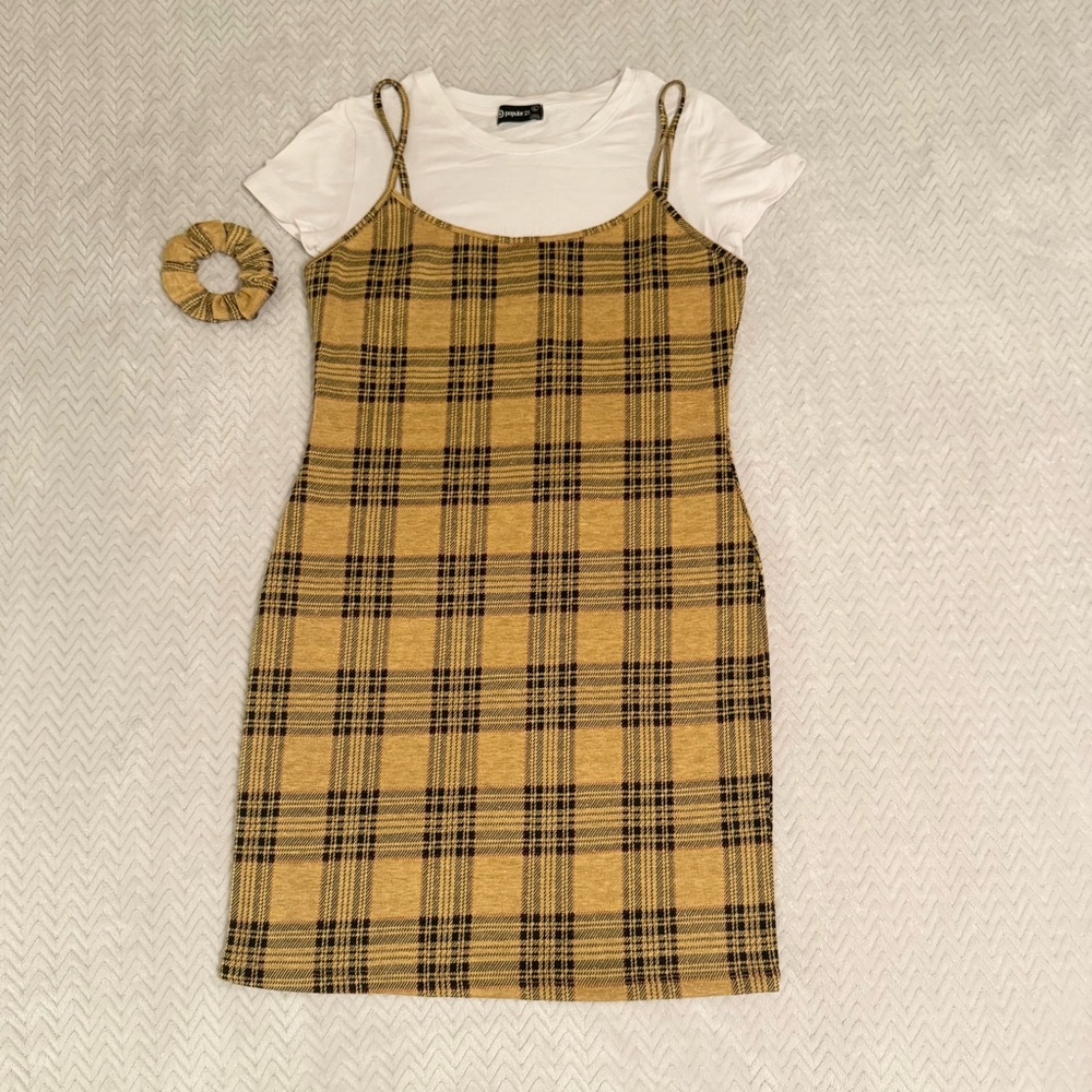 Yellow Plaid Dress with White T-Shirt